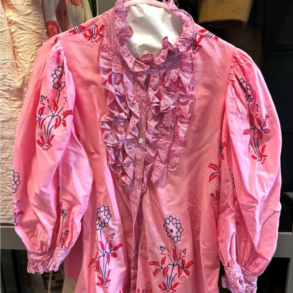 Oliphant Pink Ruffled Embroidered Top - Picture 1 of 3